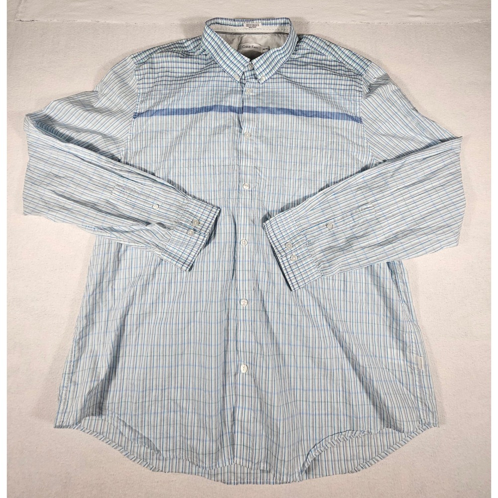 Calvin Klein Mens XXL Blue Green Plaid‎ Long Sleeve Button Down Shirt Cotton Y83